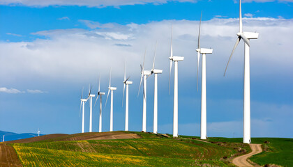 Wind Turbines in a Row on Rolling Green Hills Under a Blue Sky