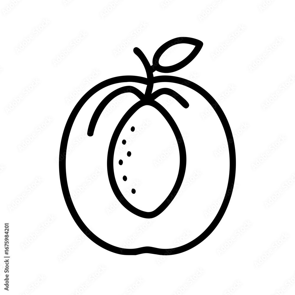 Poster a simple line drawing of a peach cut in half with a leaf and stem on top in black and white outline 