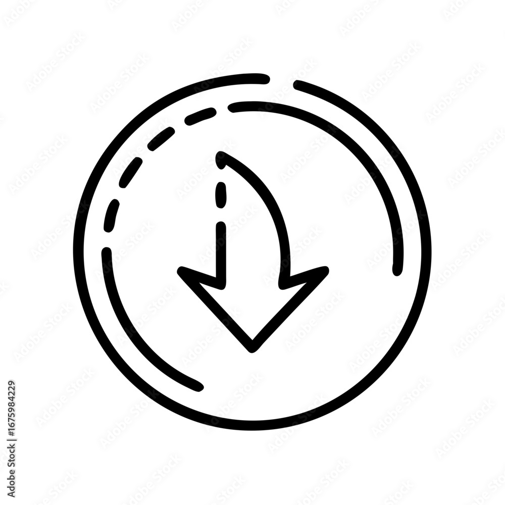 Poster dashed circle with a curved arrow pointing downwards indicating movement or a download option for us