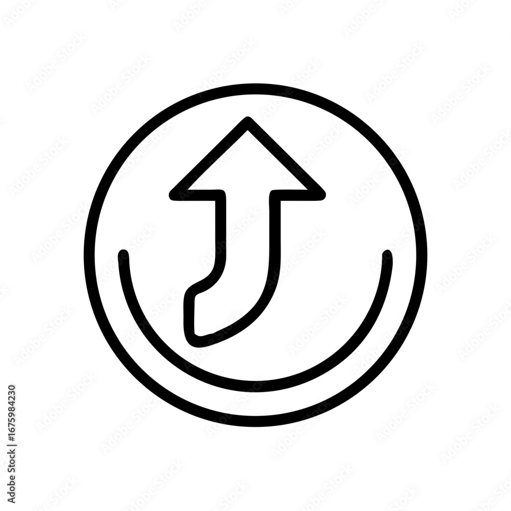 Poster black outline of an arrow curving upwards inside a circle on a white background in simple vector sty