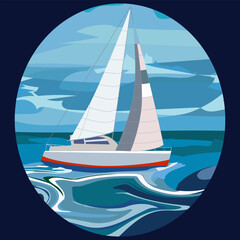 An illustration of a modern sailboat with white sails gliding through the choppy blue waters of the ocean