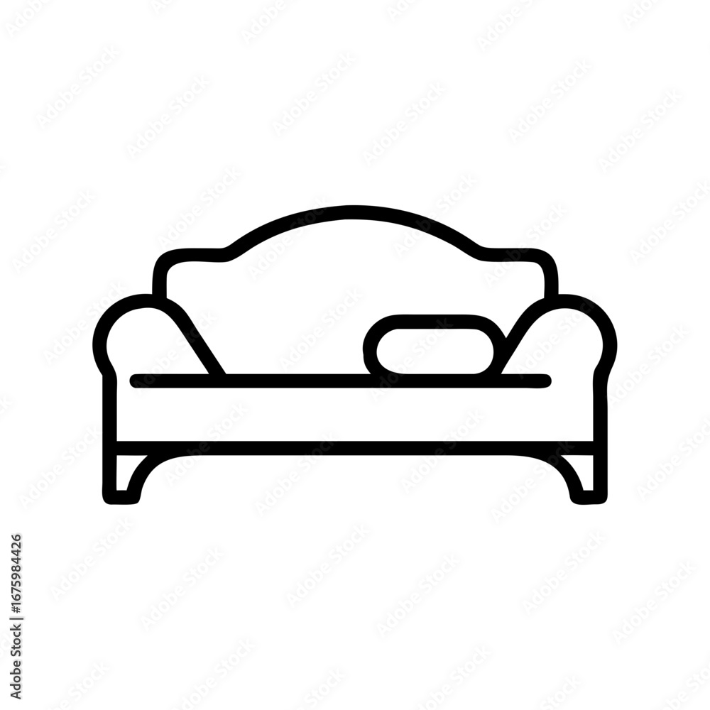 Aufkleber illustration of a simple couch with a pillow in black outline on a white background in vector format