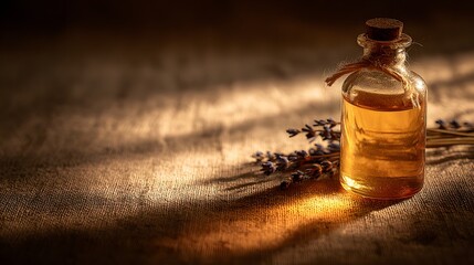 A small, glass bottle of golden-hued oil sits on a textured, warm-toned fabric, accompanied by sprigs of lavender.