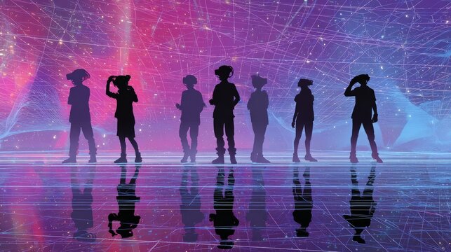 People attending a digital concert in the metaverse, showcasing virtual reality entertainment, futuristic technology, and immersive experiences.