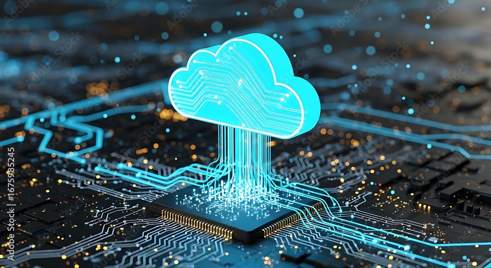Poster cloud computing symbol emerging from a computer processor chip with glowing circuits, tote bag mocku
