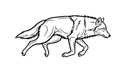 A stylized black and white line art illustration of a wild wolf walking in profile.