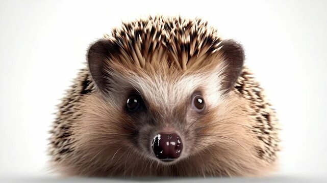 Close-up of cute hedgehog with whiskers and eyes looking directly at camera.
