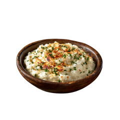 Creamy Mashed Cauliflower with Crispy Garlic and Chives in Wooden Bowl
