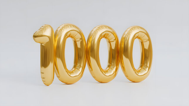 Shiny gold 3D digits “1000” on white background. Elegant concept for celebrating achievements or premium branding.