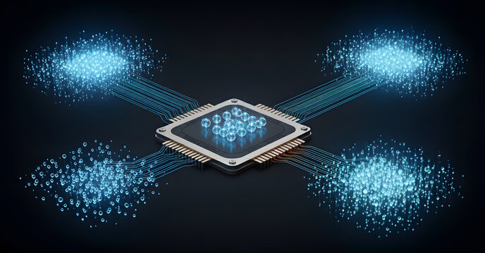 A visualization from quantum consciousness experiments showing a central processor entangling streams of digital particles, representing the mind's computational power on a quantum level.
