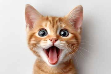 Fototapeta premium Excited ginger cat with shocked wow face isolated on white. Cute pet portrait symbolizing happiness, joy, surprise, and playful reaction.