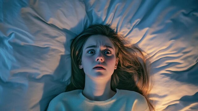 A young girl awake in a dark room, looking frightened at something unknown.