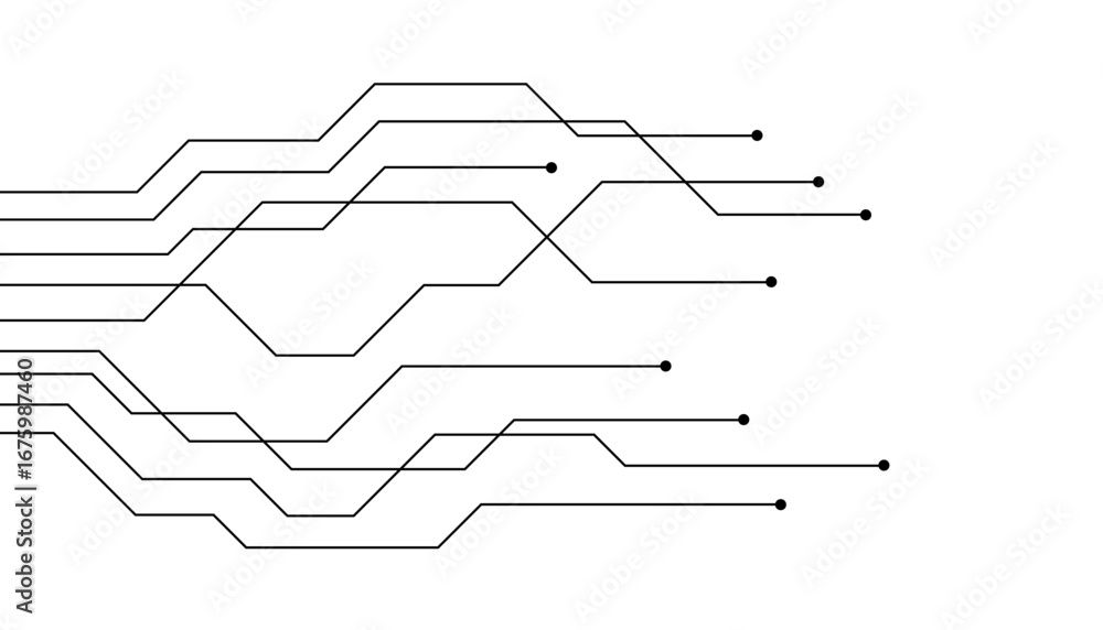 Poster vector technology connected white lines and dots with electronics elements on tech bg. digital techn
