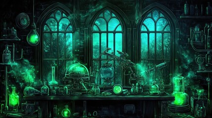Arcane laboratory filled with glowing green potions and machinery.