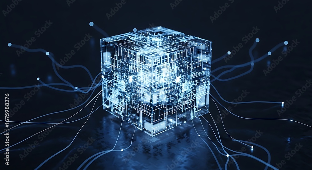 Poster abstract glowing cube with connected lines on dark background, tote bag mockup, canvas tote bag mock