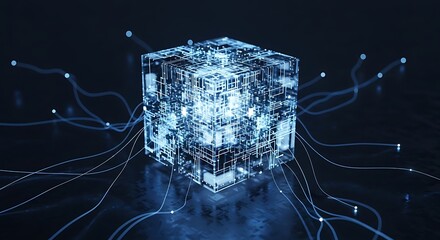 Abstract glowing cube with connected lines on dark background