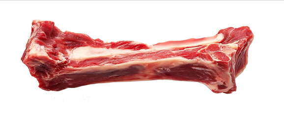 Photo of a raw meat bone for dogs on a white background taken with a wideangle lens in natural lighting