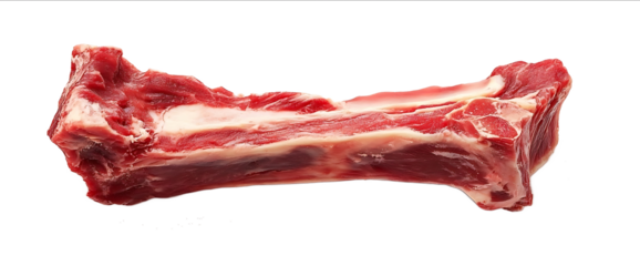 Photo of a raw meat bone for dogs on a white background taken with a wideangle lens in natural lighting