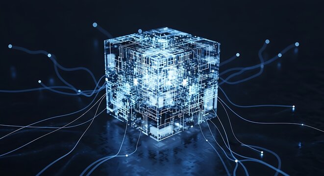 Abstract glowing cube with connected lines on dark background