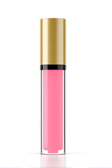 Pink lip gloss with gold cap, isolated on white. Great for luxury cosmetic branding, beauty packaging, and product promotion. Sleek, feminine and premium aesthetic.