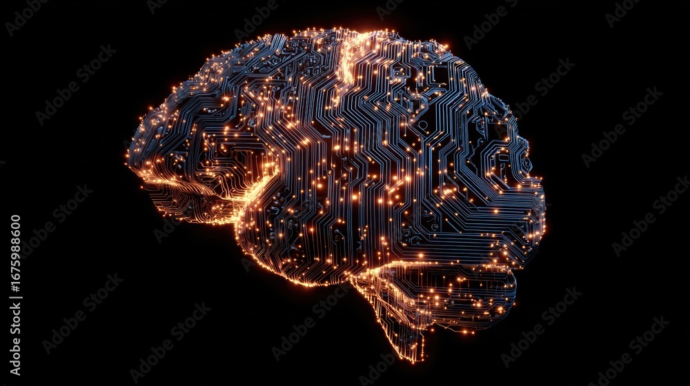 Poster a digital brain composed of circuits and illuminated by glowing lights, representing artificial inte