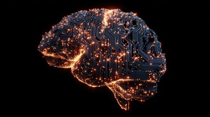 A digital brain composed of circuits and illuminated by glowing lights, representing artificial intelligence and innovation.