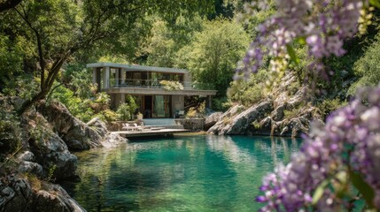 Naklejka premium Modern architectural gem nestled by tranquil water surrounded by lush greenery in a serene natural setting