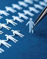 A close-up of a person holding a cutout figure with others in the background, symbolizing selection or focus in a creative or organizational context.