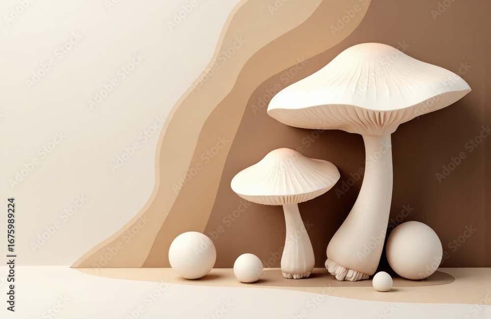 Poster Mushrooms with spherical objects arranged on a neutral background creating a minimalist scene