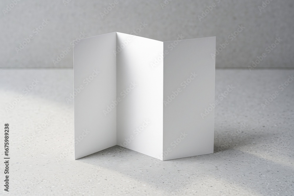 Aufkleber blank tri-fold brochure mockup standing upright on light speckled surface with soft shadow and clean