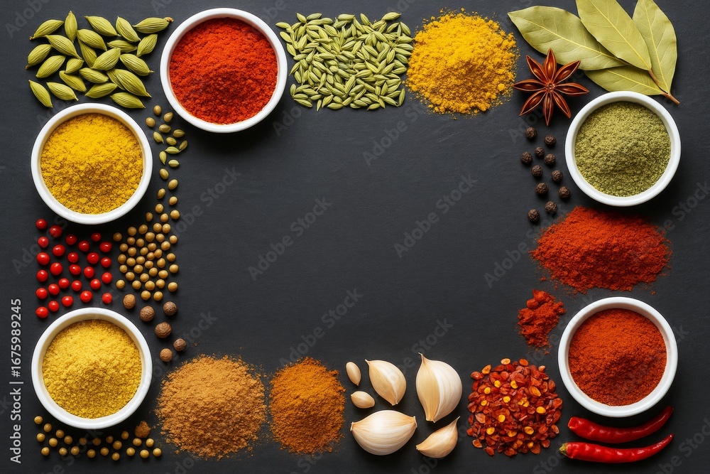 Poster Assorted colorful spices and herbs in bowls and loose arrangement forming frame with empty copyspace on black background for culinary design mockup. Ai generative