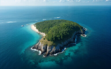 Aerial View of a Lush Green Tropical Island with Sandy Beaches and Rocky Cliffs Surrounded by Clear Turquoise and Blue Ocean Waters, Perfect for Travel, Nature, and Paradise Destination Photography