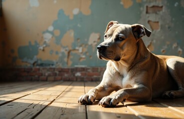 Cute puppy lying on wooden floor with sunlight streaming in and a distressed wall background