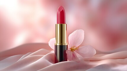 A luxurious red lipstick sits elegantly on a blush-toned silk fabric, alongside a delicate pink blossom, showcasing a romantic and alluring aesthetic.