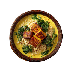 Delicious Creamy Tofu and Spinach Curry with Brown Rice in a Rustic Bowl