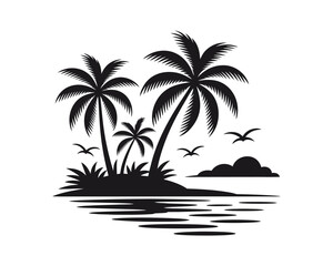 Seaside Tropical Nature Silhouette with Flying Seagulls