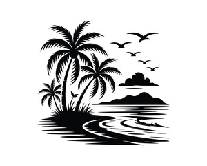 Serene Beach Sunset with Palm Trees and Birds Vector
