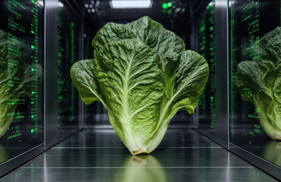 Lettuce head in a high-tech server room with glowing green data displays - Powered by Adobe