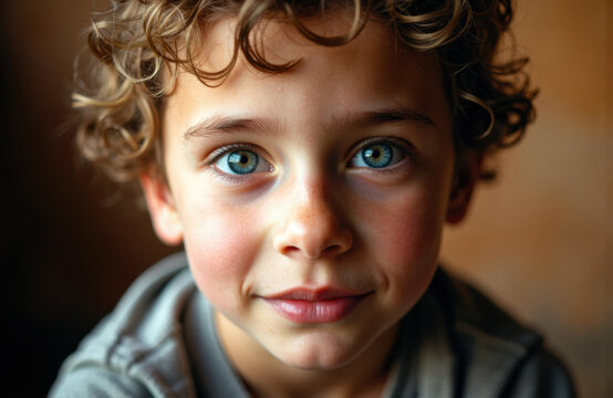A close-up of a young boy with curly hair and bright blue eyes looking directly at the camera
