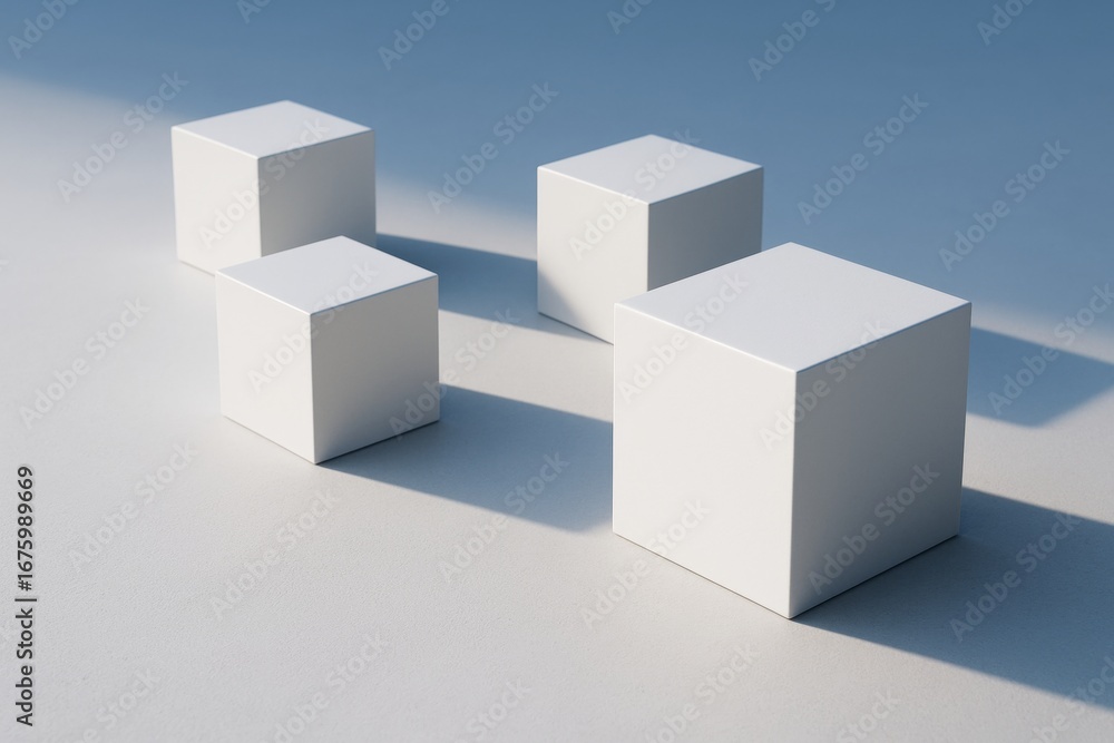 Poster minimalist white cubes casting long shadows in soft light on a smooth surface, illustrating abstract