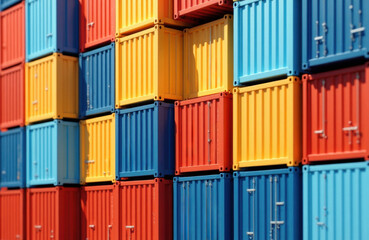 Fototapeta premium Colorful shipping containers stacked in a vibrant pattern creating a lively industrial scene