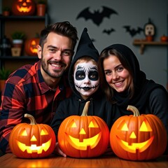 Fototapeta premium Family In Halloween Costumes With Pumpkins