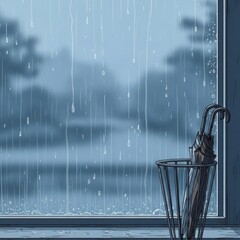 Rainy anime window scene with umbrella stand