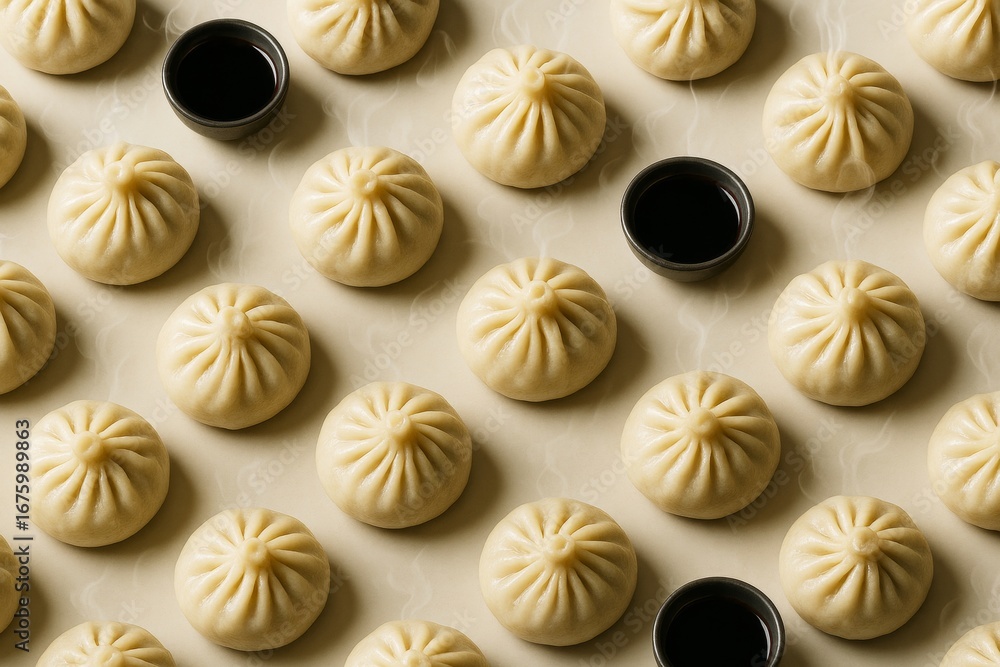 Poster pattern of steamed dumplings with dipping sauce on light background in abstract food arrangement con