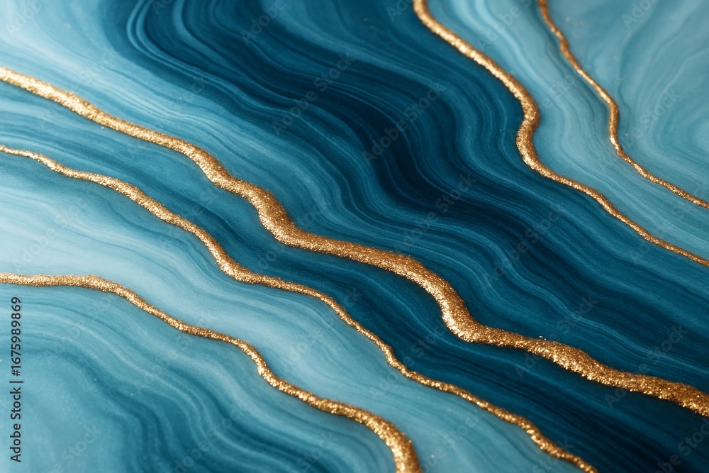 Poster abstract fluid background with blue marble texture and gold glitter lines flowing in waves, creative