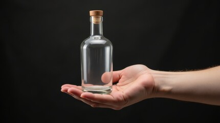Hand holding clear glass bottle studio product photography dark background close-up minimalism for aesthetic appeal