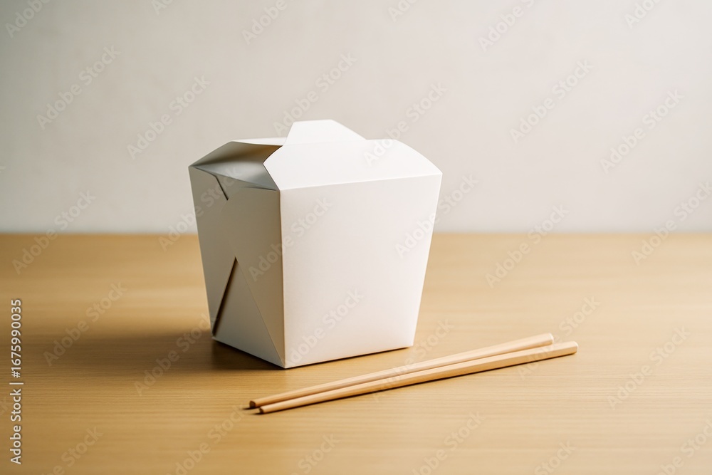 Poster minimalist takeout food box with chopsticks on wooden surface under soft light, clean background emp