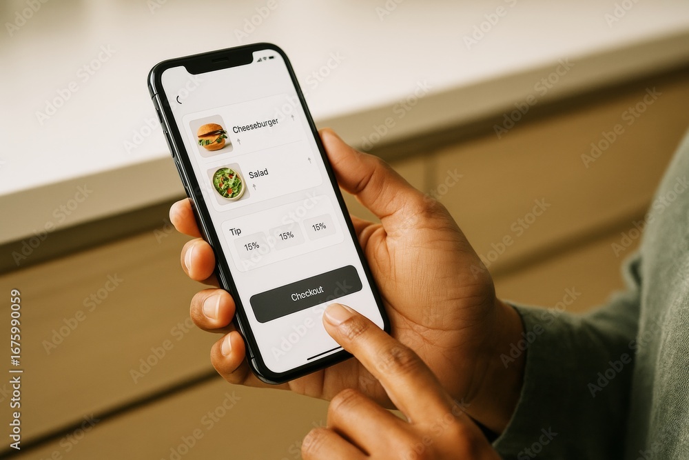 Poster person using smartphone food delivery app to order cheeseburger and salad in warm light background s