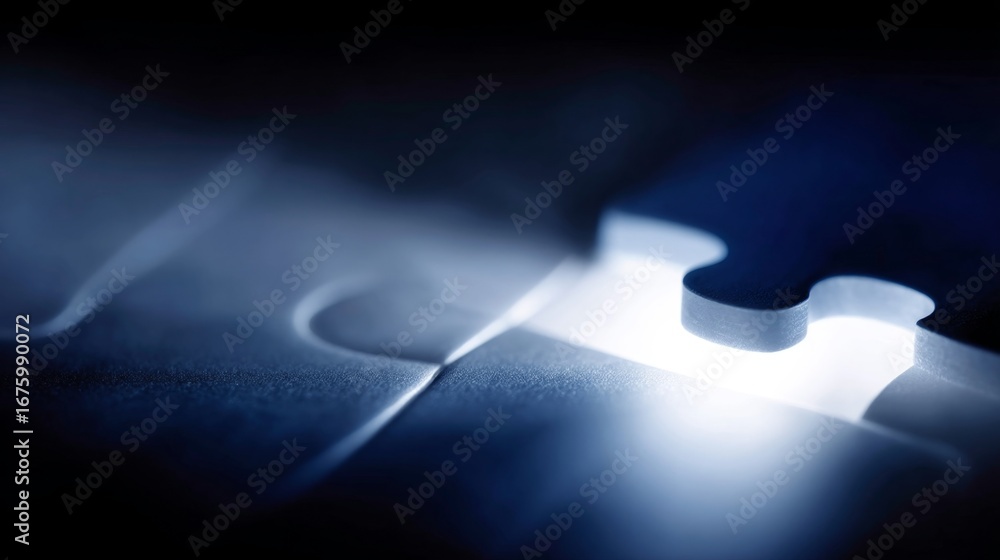 Poster puzzle piece close-up showing intricate details in a dark setting. a blend of light and shadow creat