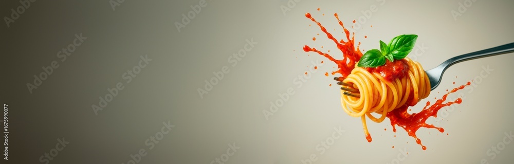 Poster fork with spaghetti and tomato sauce splash on clean background with copyspace for food banner or ad